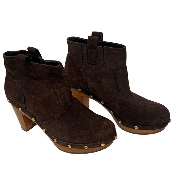 Tory Burch Ginevra Brown Suede Heeled Studded Ankle Boots Size 8M Clog - Picture 2 of 13